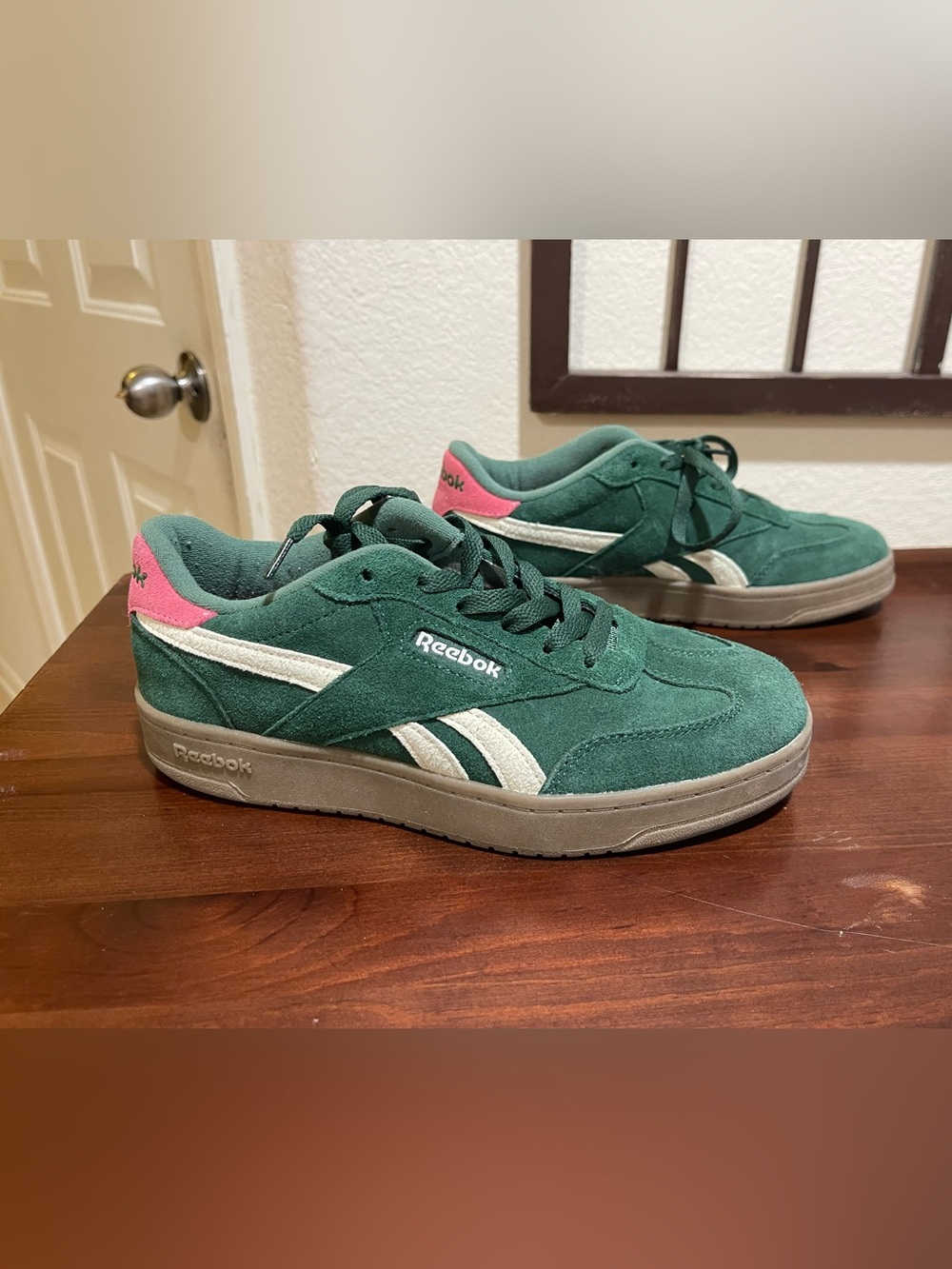 Reebok Green Suede Sneakers with White Stripes and Pink Heel Tab